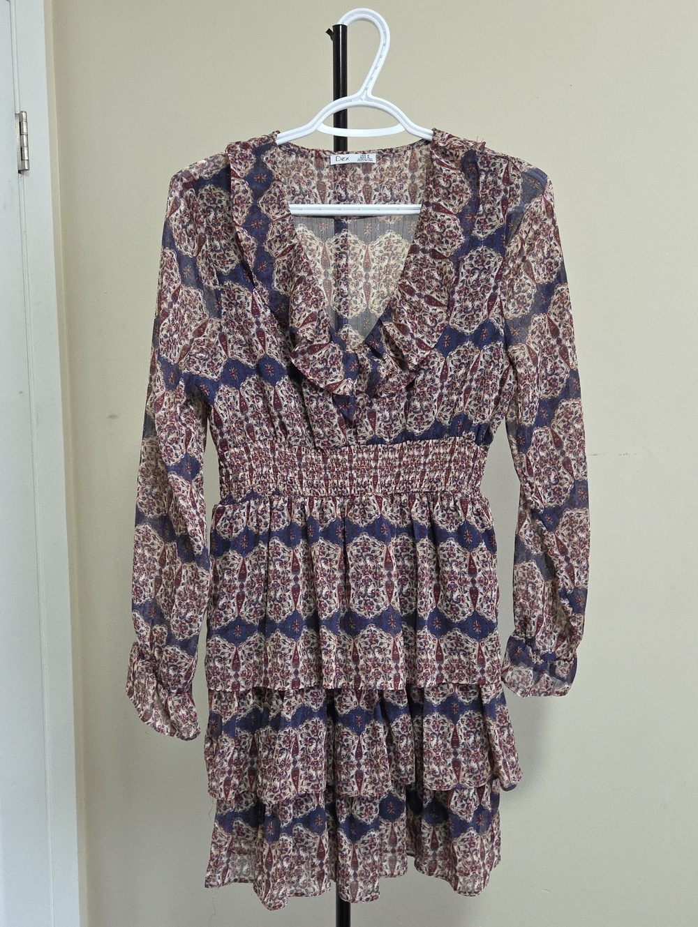 Dex Floral Tiered Ruffle Long Sleeve Dress in Navy and Brown